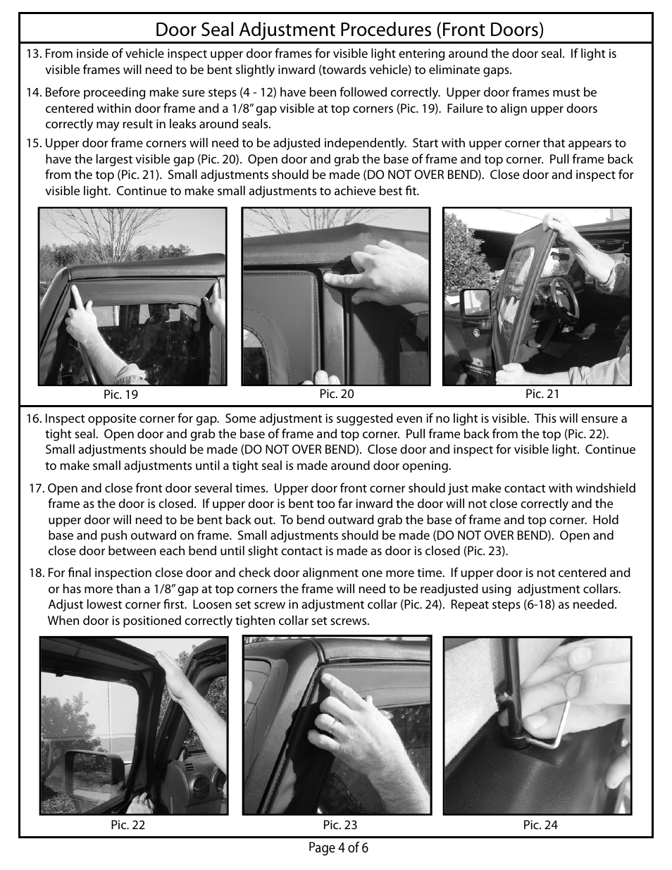 Door seal adjustment procedures (front doors) | Rugged Ridge Upper Soft Door Kit, Front, Black Diamond, 07-14 Jeep Wrangler (JK) User Manual | Page 4 / 6