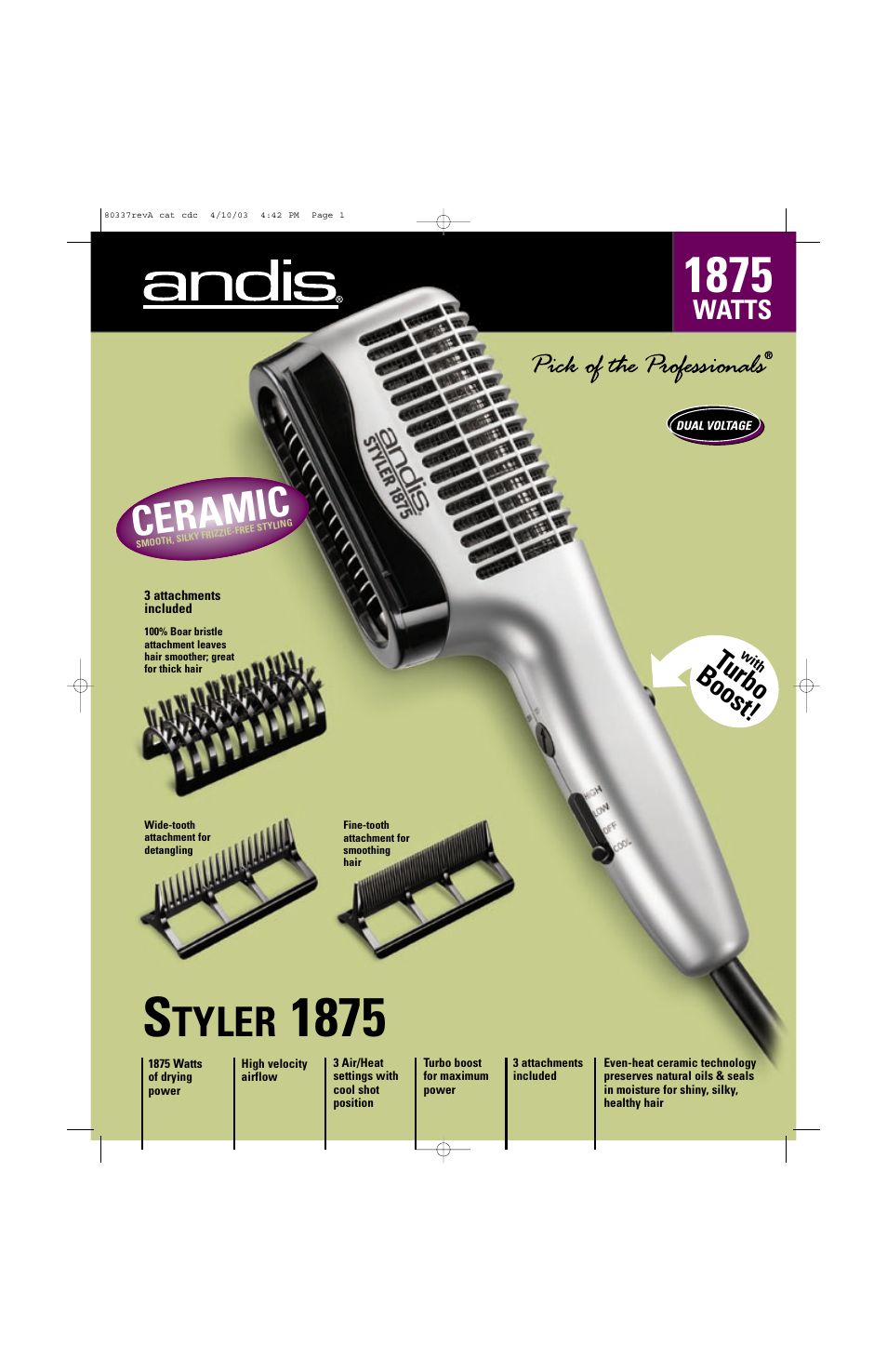 Andis Company Ceramic Styler 1875 User Manual | 2 pages