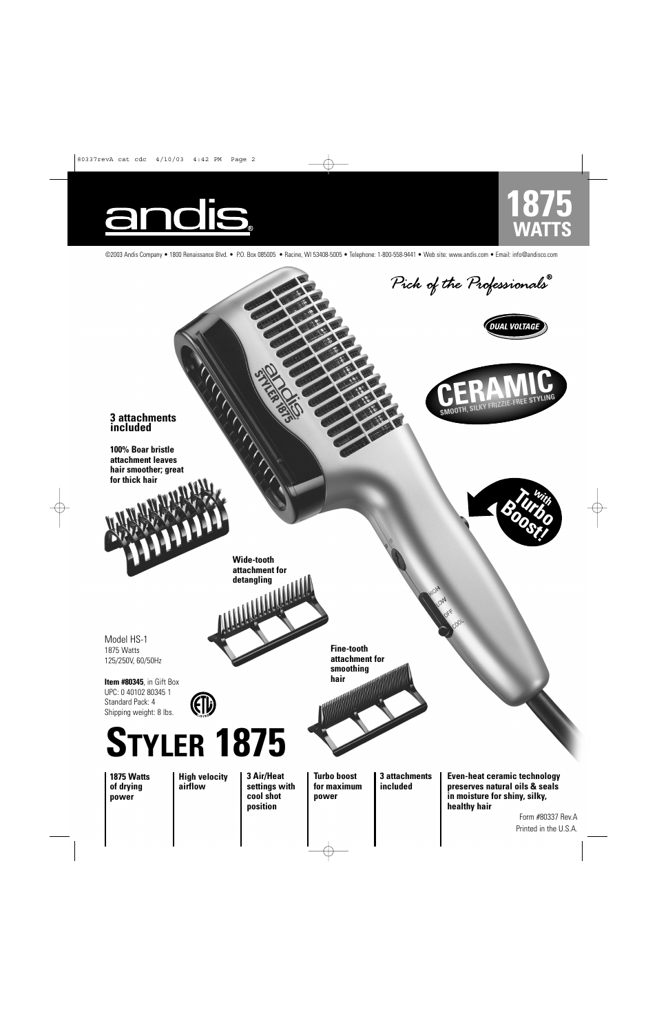 Watts, Tyler | Andis Company Ceramic Styler 1875 User Manual | Page 2 / 2