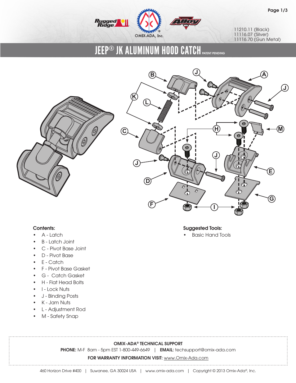 Rugged Ridge Hood Catches, Silver, 07-14 Jeep Wrangler (JK) User Manual | 3 pages