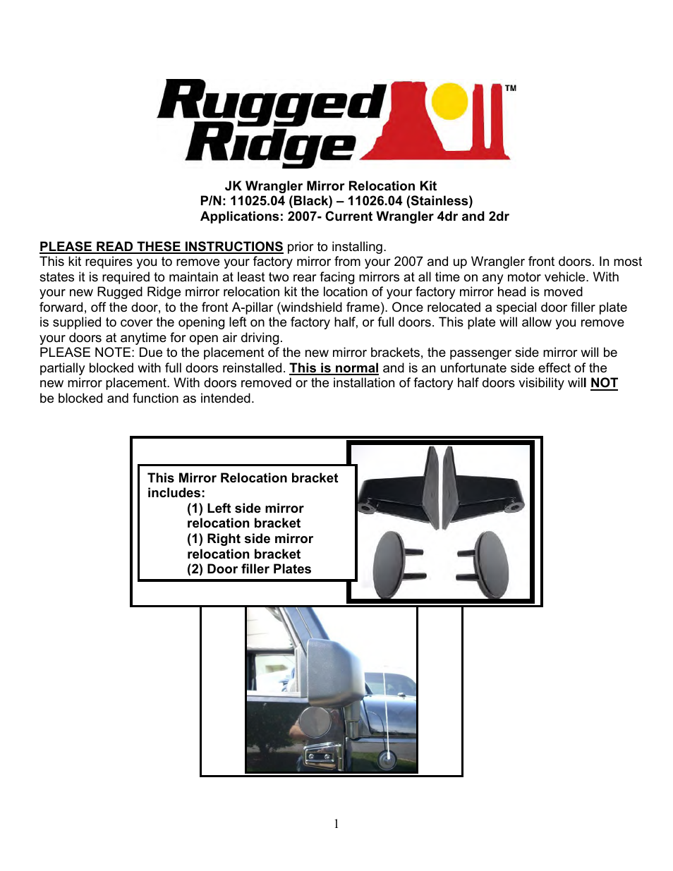 Rugged Ridge Mirror Relocation Brackets, Stainless Steel, 07-14 Jeep Wrangler (JK) User Manual | 4 pages