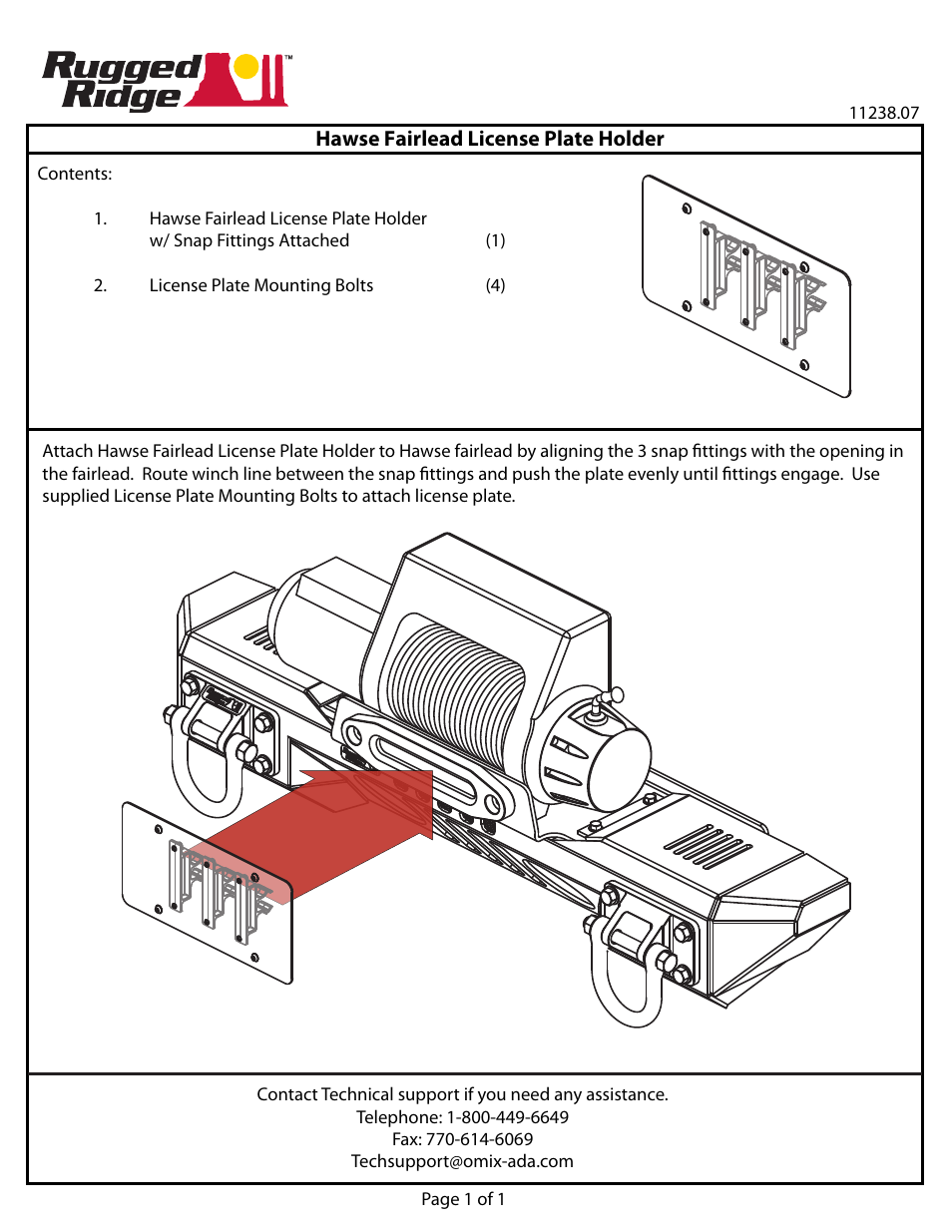 Rugged Ridge Front Hawse Fairlead License Plate Mounting Bracket By Rugged Ridge User Manual | 1 page