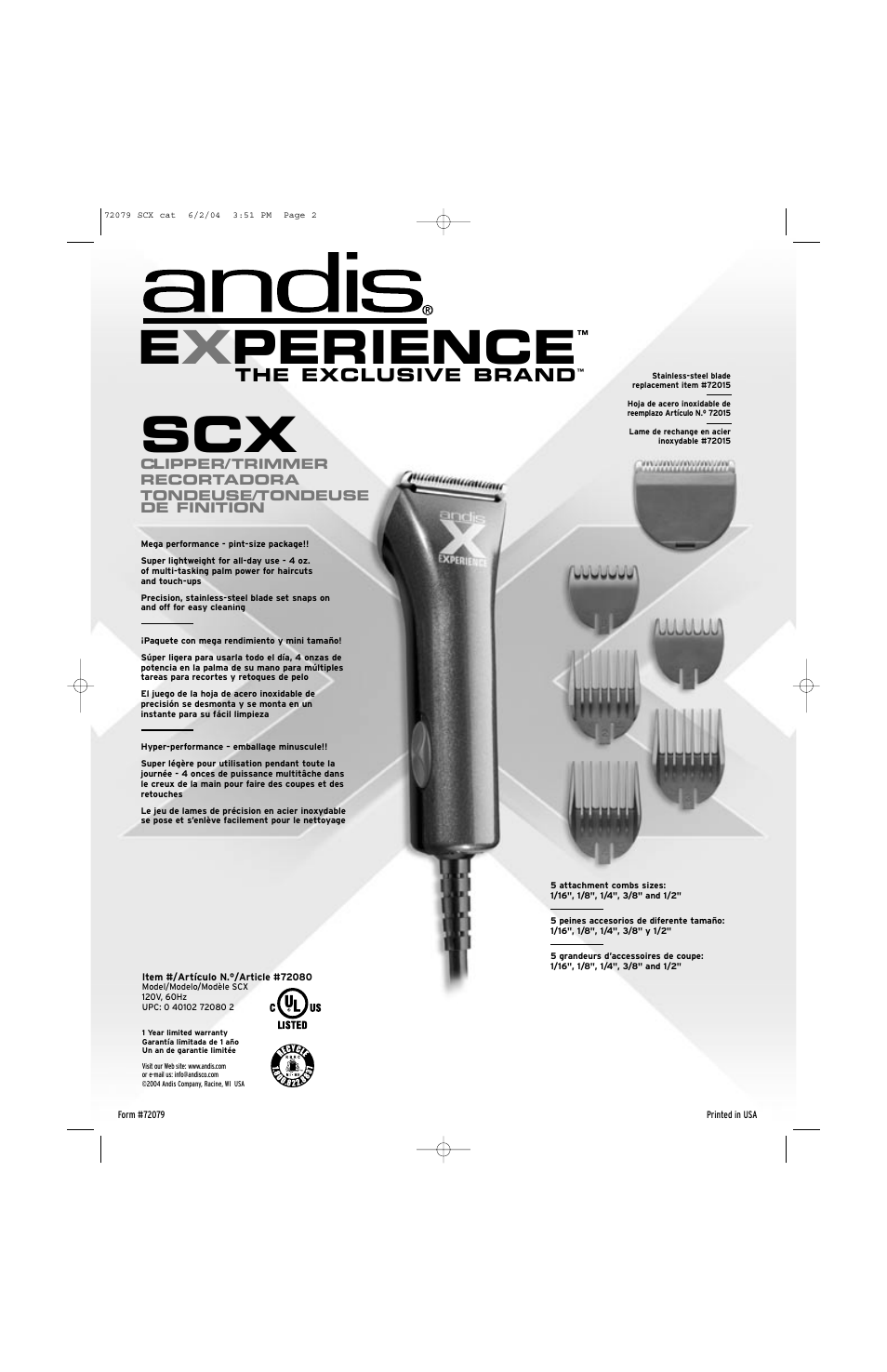Ex perience, The exclusive brand | Andis Company SCX User Manual | Page 2 / 2