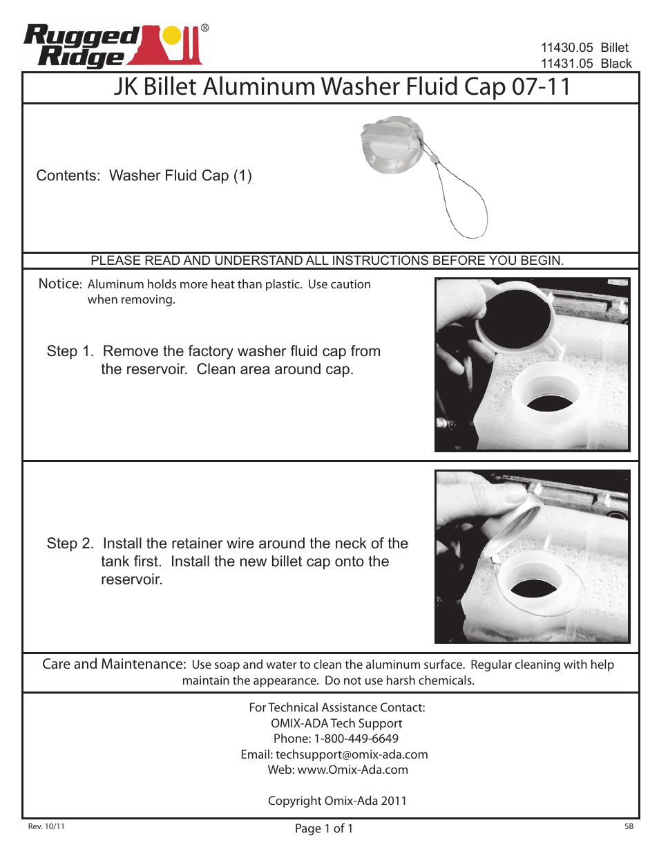 Rugged Ridge Windshield Washer Fluid Cap, Billet, 07-14 Jeep Wrangler User Manual | 1 page