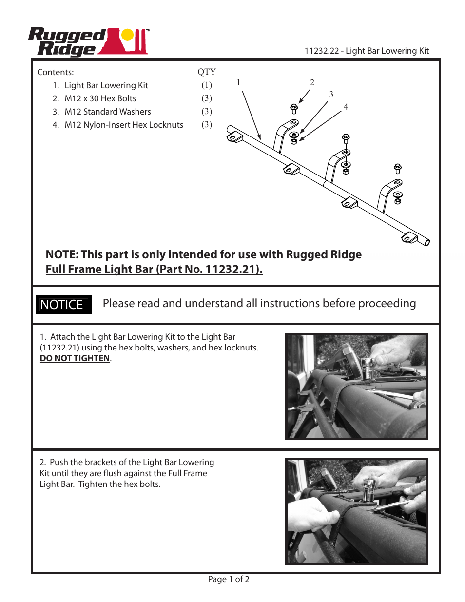 Rugged Ridge Light Bar Lowering Kit For RR 11232.21 Kit 07-14 JK User Manual | 2 pages