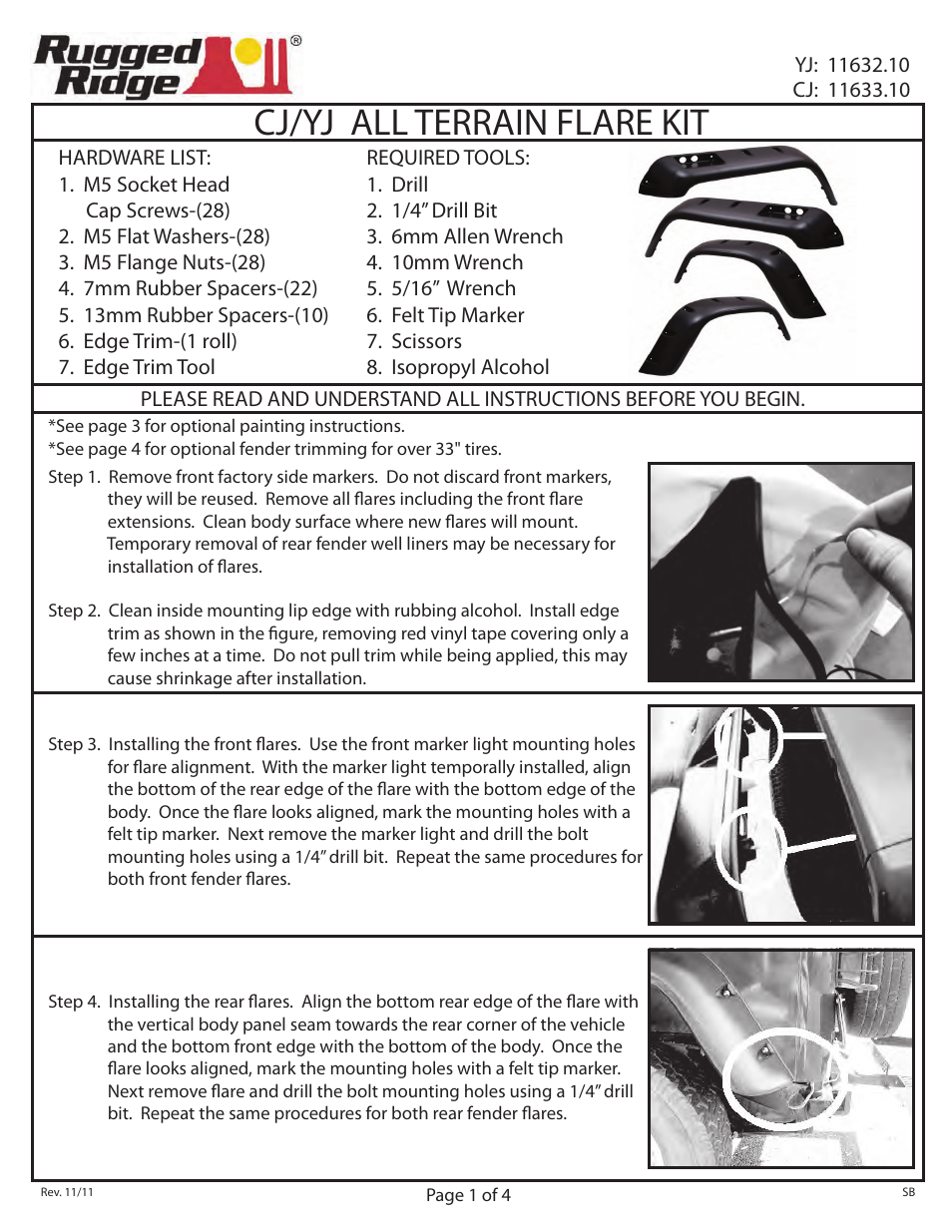 Rugged Ridge All Terrain Fender Flare Kit, 87-95 Jeep Wrangler (YJ) User Manual | 4 pages