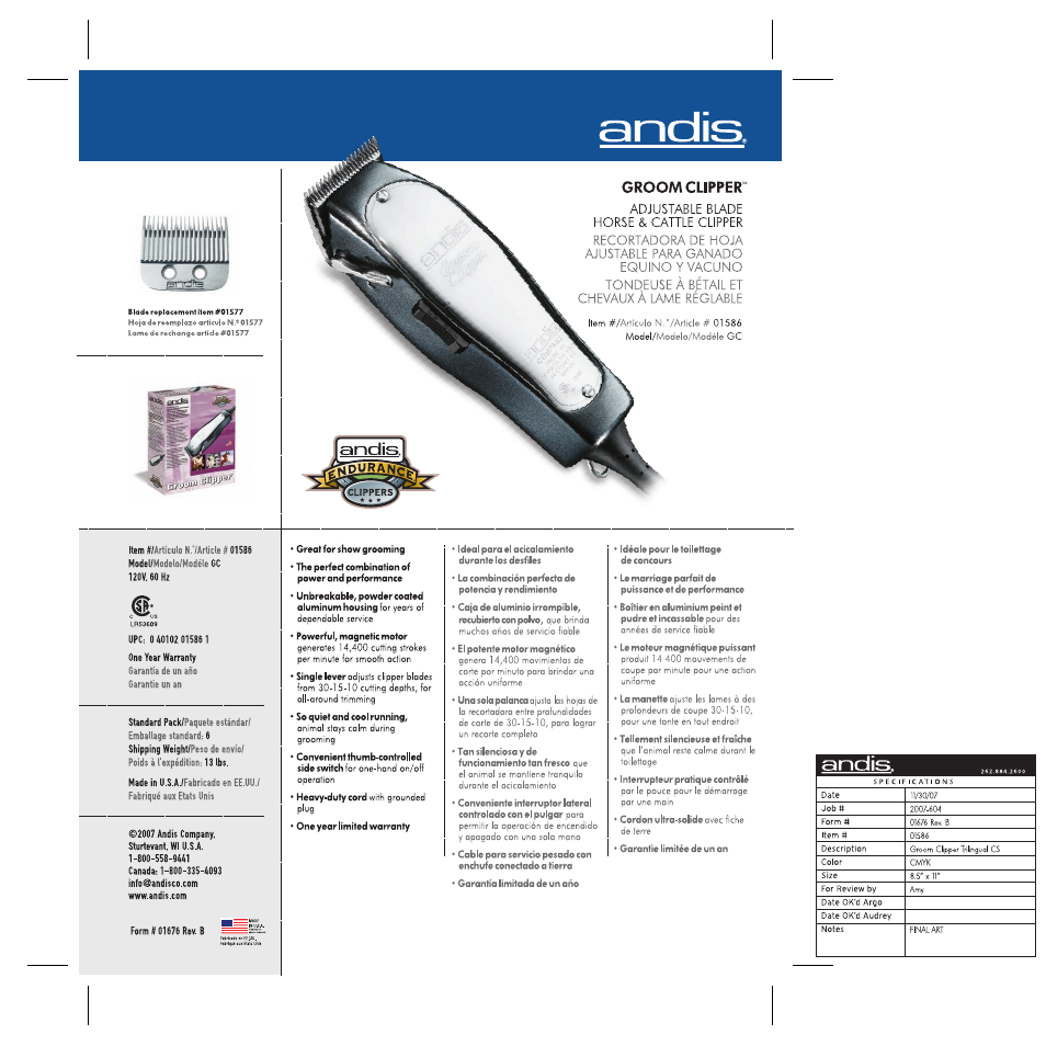 Andis Company Groom Clipper GC User Manual | 1 page