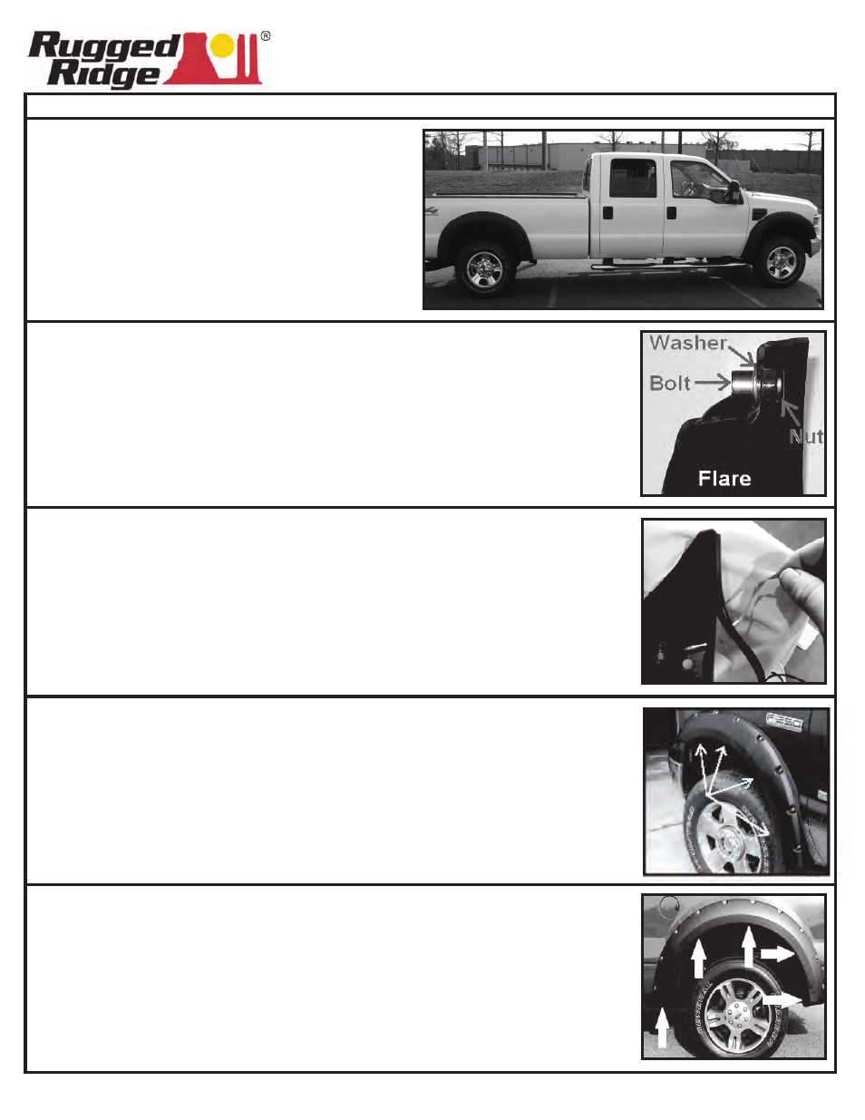 Rugged Ridge Fender Flare Kit, Black, 08-10 Ford F-250, F-350, F-450 SD Pickup User Manual | 2 pages