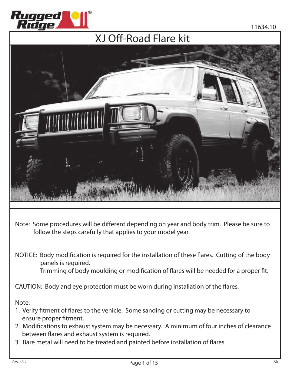 Rugged Ridge All Terrain Fender Flare Kit, 4-Door, 84-01 Jeep Cherokee (XJ) User Manual | 15 pages