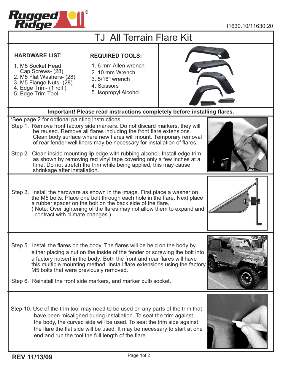 Rugged Ridge 4-Piece All Terrain Fender Flare Kit, 4.75-Inch, 97-06 Wrangler (TJ) User Manual | 2 pages