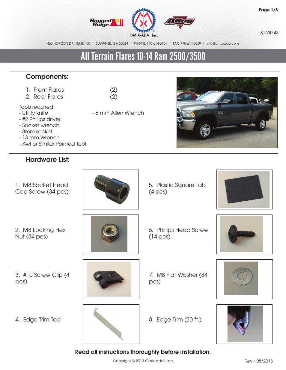 Rugged Ridge Fender Flare Kit, 10-14 Ram 2500 and 3500 Pickups User Manual | 5 pages