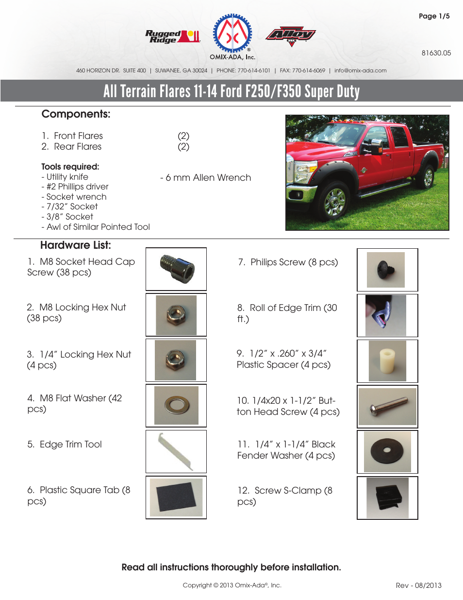 Rugged Ridge Fender Flare Kit, 11-14 Ford Super Duty Pickups User Manual | 5 pages