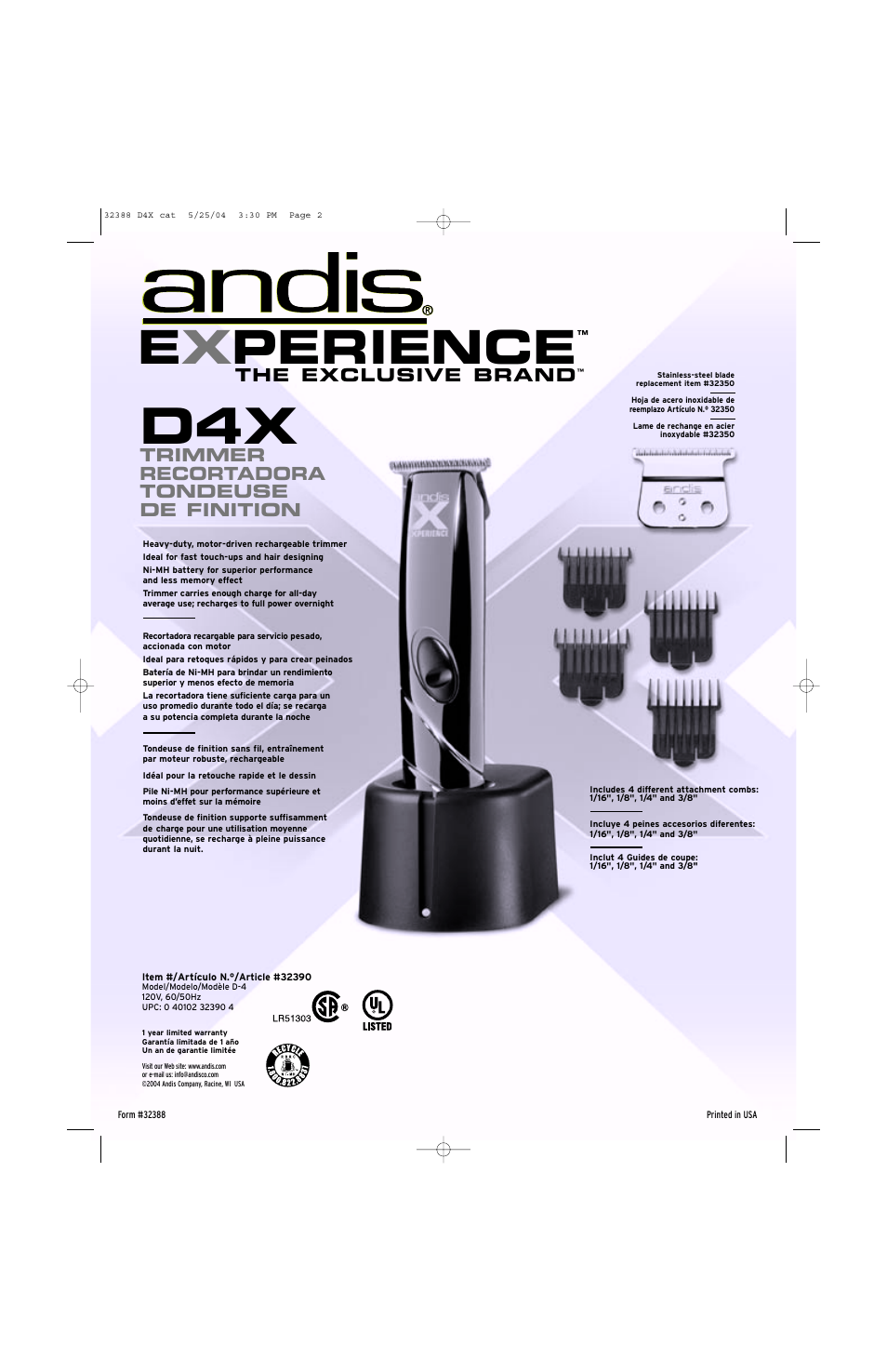 Ex perience, The exclusive brand, Trimmer recortadora tondeuse de finition | Andis Company Experience D4X User Manual | Page 2 / 2