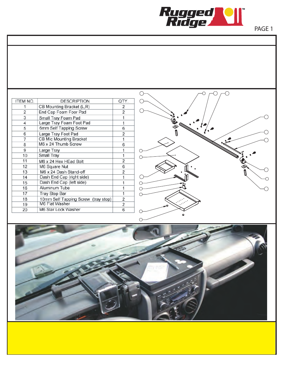 Rugged Ridge Dash Organizer Tray, 07-10 Jeep Wrangler (JK) User Manual | 4 pages