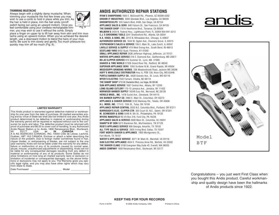 Model b t f, Andis authorized repair stations | Andis Company Trimmer User Manual | Page 2 / 2