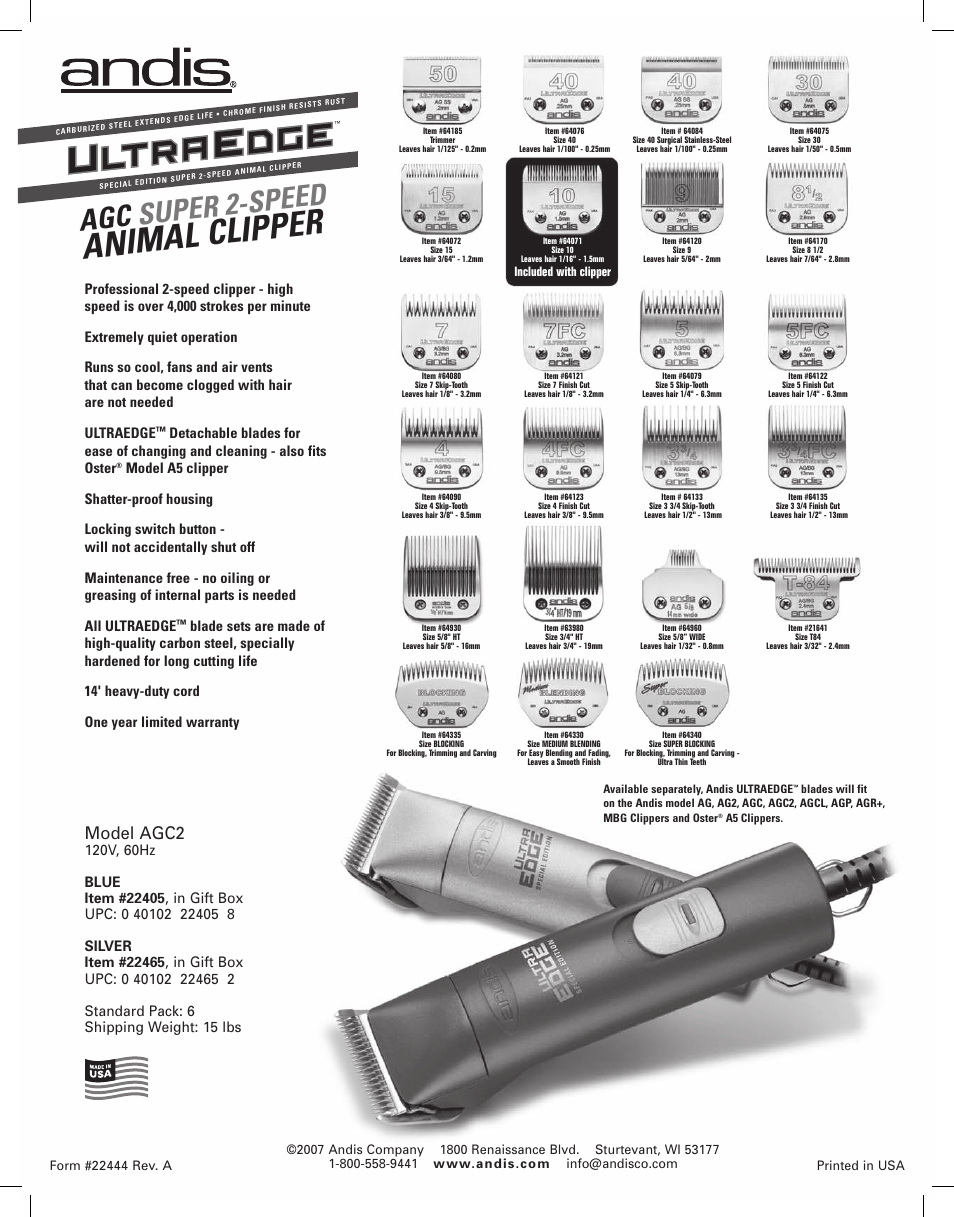 Animal clipper, Agc super 2-speed, Model agc2 | Andis Company AGC2 User Manual | Page 2 / 2