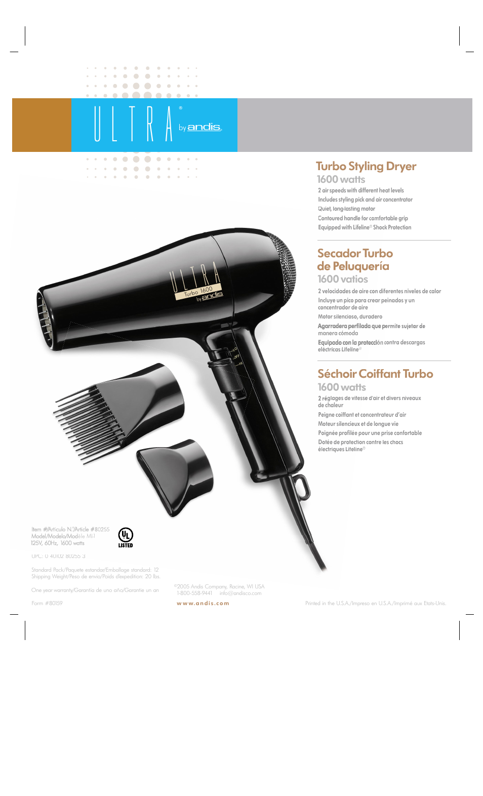 Andis Company Ultra Styling Hair Dryer User Manual | 1 page
