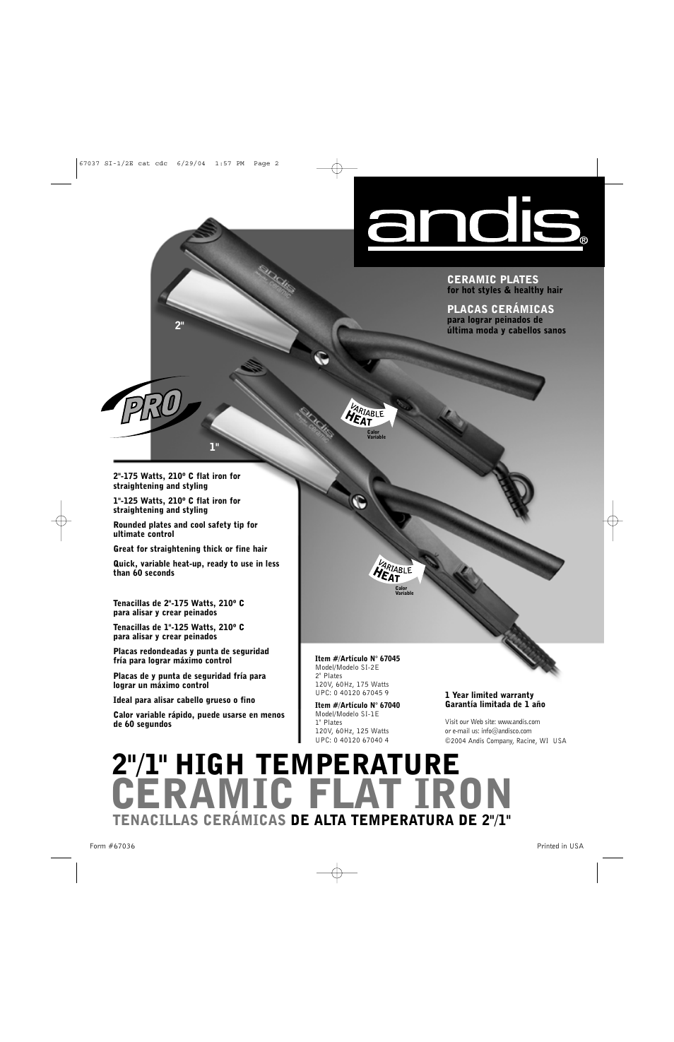Ceramic flat iron, Tenacillas cerámicas de alta temperatura de 2"/1, Andis | 2"/1" high temperature | Andis Company SI-1E User Manual | Page 2 / 2