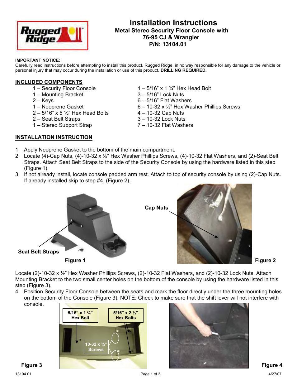 Rugged Ridge Stereo Security Console, Gray, 76-95 Jeep CJ & Wrangler User Manual | 3 pages