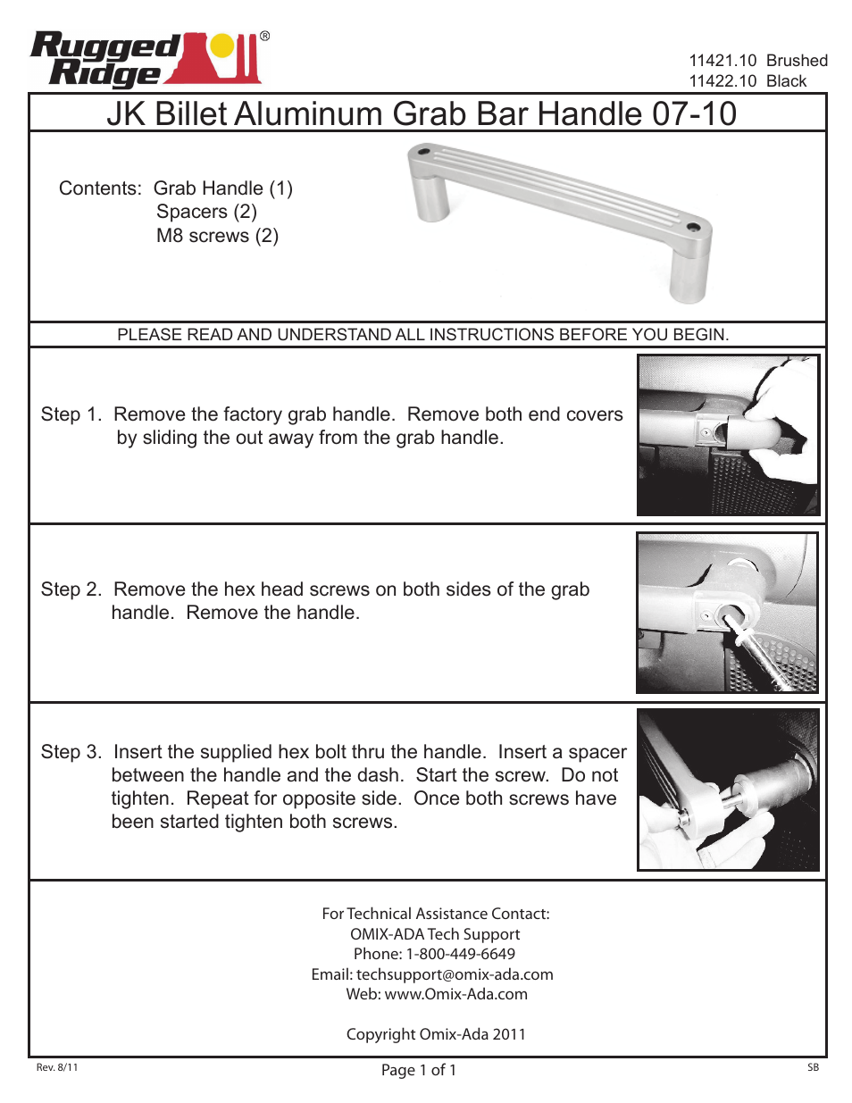 Rugged Ridge Passenger Grab Bar, Billet, 07-10 Jeep Wrangler User Manual | 1 page