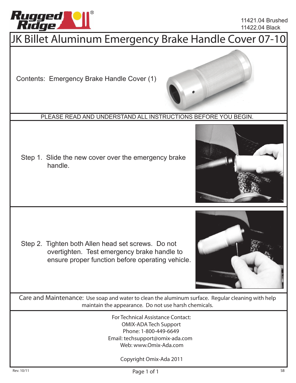 Rugged Ridge Parking Brake Handle Cover, Brushed Aluminum, 07-10 Jeep Wrangler User Manual | 1 page