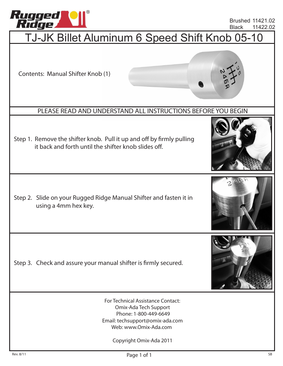 Rugged Ridge Manual Transmission Shift Knob, Billet, 07-10 Jeep Wrangler (JK) User Manual | 1 page