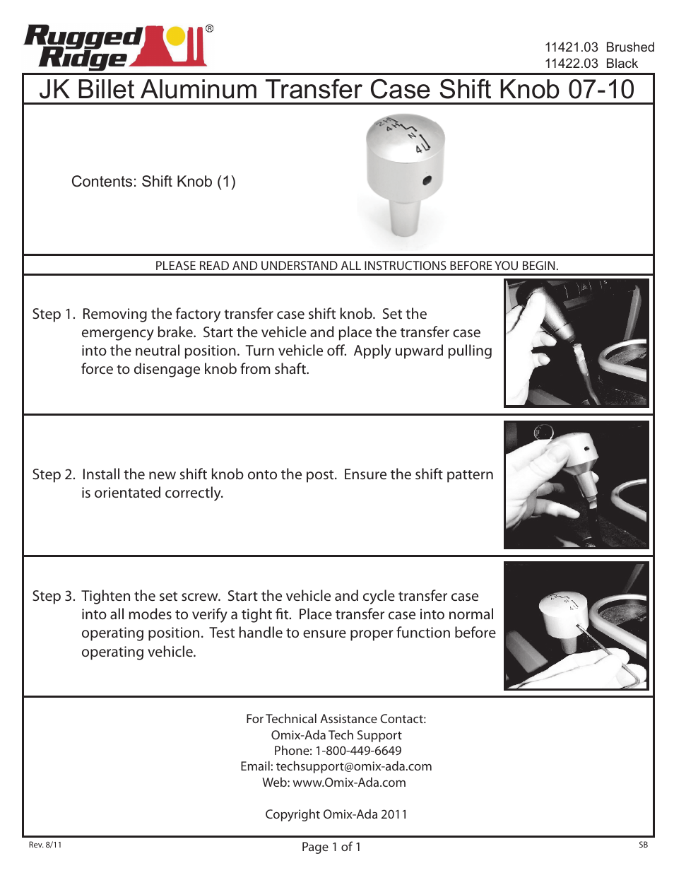 Rugged Ridge Transfer Case Shift Knob, Billet, 07-10 Jeep Wrangler (JK) User Manual | 1 page