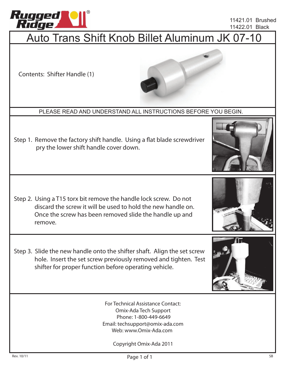 Rugged Ridge Automatic Transmission Shift Knob, Billet, 07-10 Jeep Wrangler (JK) User Manual | 1 page
