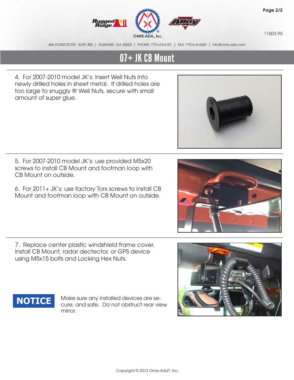 07+ jk cb mount, Notice | Rugged Ridge CB Radio Mount, 07-14 Jeep Wrangler (JK) User Manual | Page 2 / 2