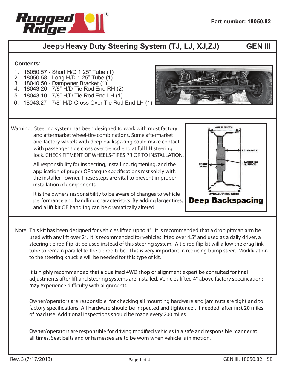 Rugged Ridge HD Tie Rod & Drag Link Kit, 84-06 Jeep XJ, ZJ, & Wrangler User Manual | 4 pages