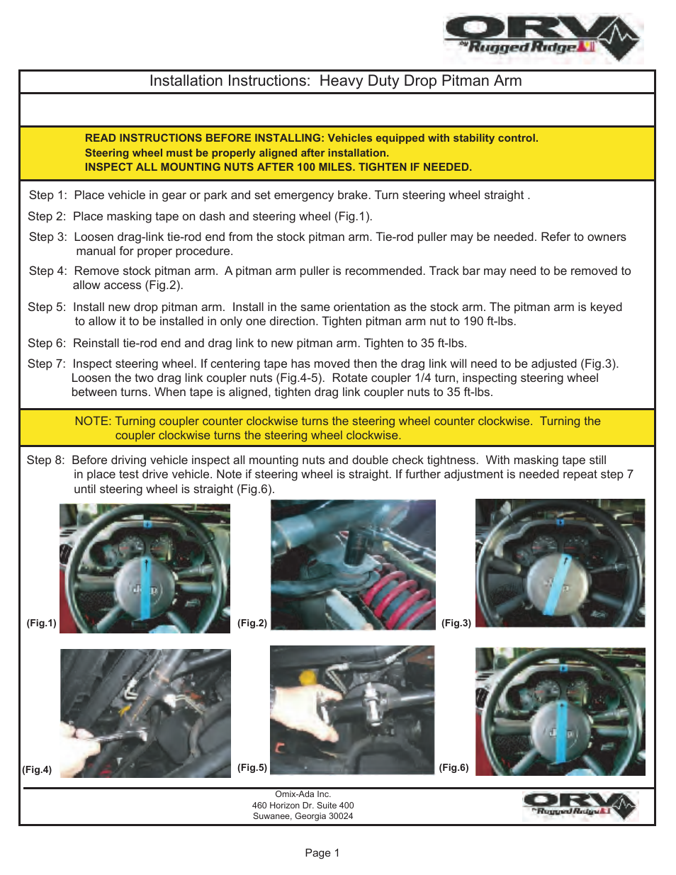 Rugged Ridge Drop Pitman Arm, Power Steering, 84-01 Jeep Cherokee (XJ) User Manual | 1 page