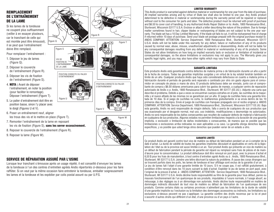 Remplacement de l'entraînement de la lame, Service de réparation assuré par l'usine | Andis Company AGR+ User Manual | Page 12 / 13