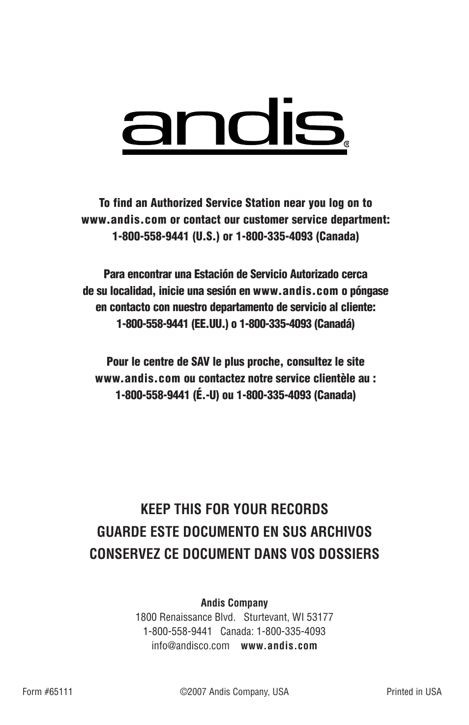 Andis Company AGR+ User Manual | Page 13 / 13
