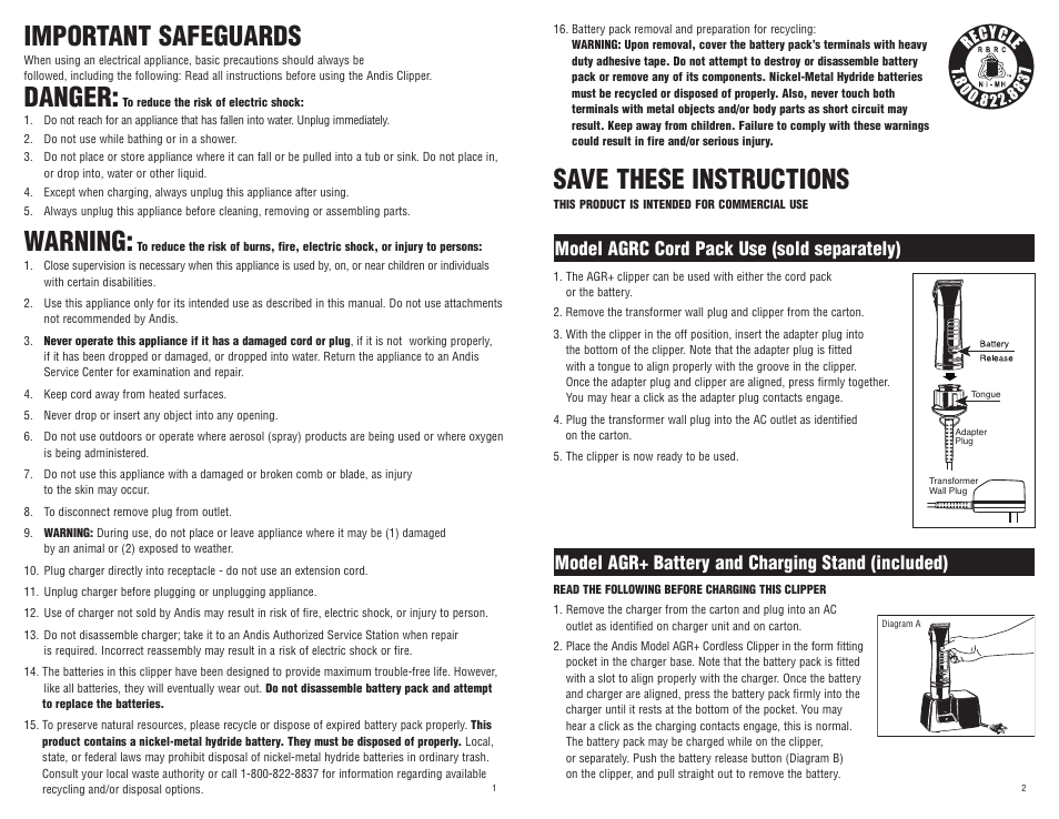 Save these instructions, Important safeguards, Danger | Warning | Andis Company AGR+ User Manual | Page 2 / 13