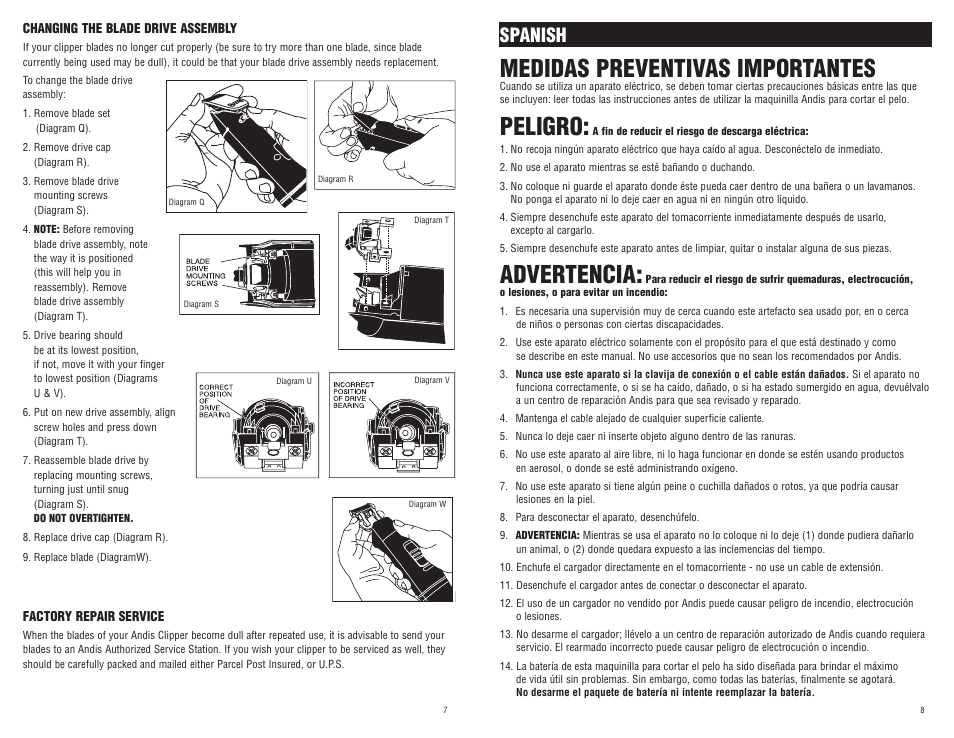 Medidas preventivas importantes, Peligro, Advertencia | Spanish | Andis Company AGR+ User Manual | Page 5 / 13