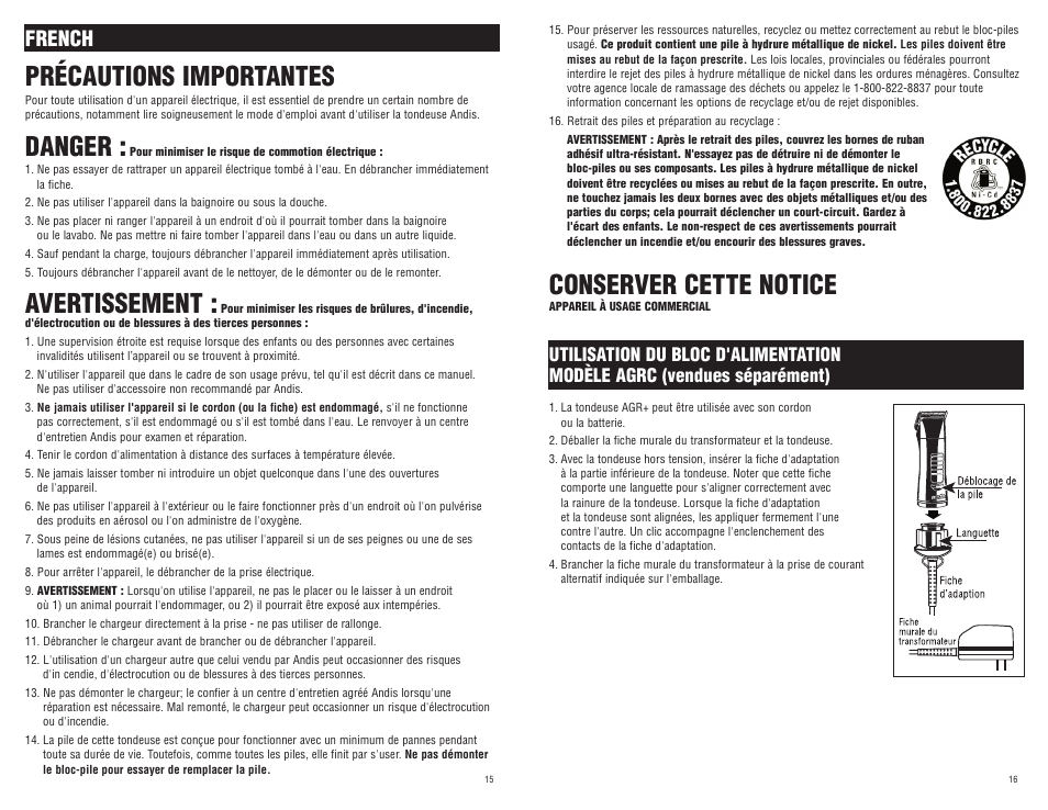 Précautions importantes, Danger, Avertissement | Conserver cette notice, French | Andis Company AGR+ User Manual | Page 9 / 13