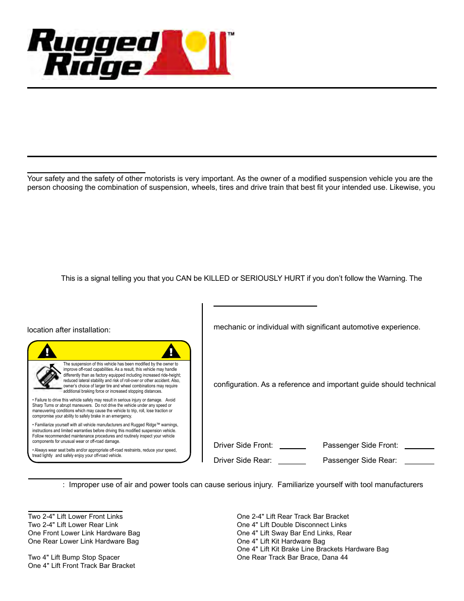 Rugged Ridge 4-Inch Lift Kit with Shocks, 07-14 Jeep Wrangler (JK) User Manual | 6 pages