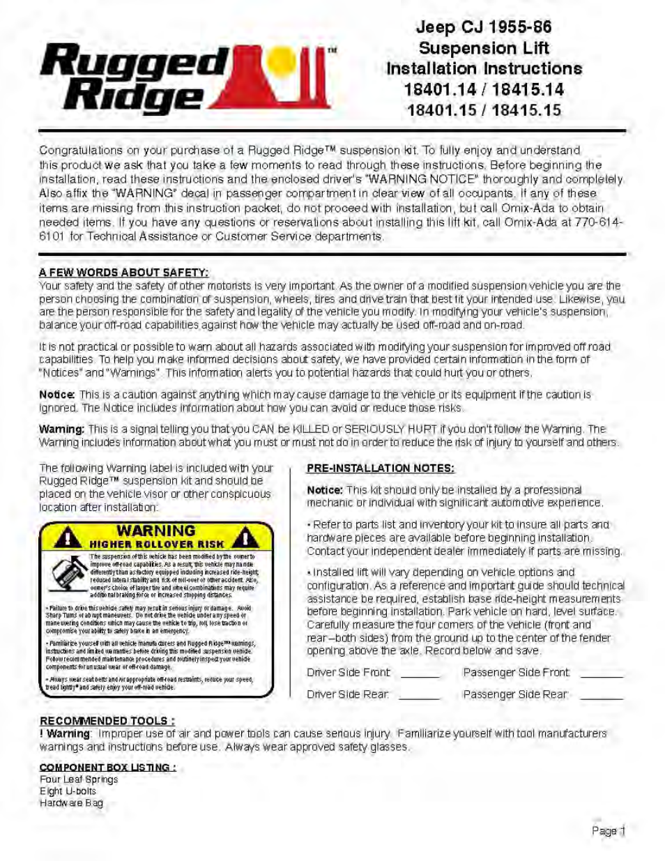 Rugged Ridge 4-Inch Lift Kit with Shocks, 76-86 Jeep CJ Models User Manual | 4 pages