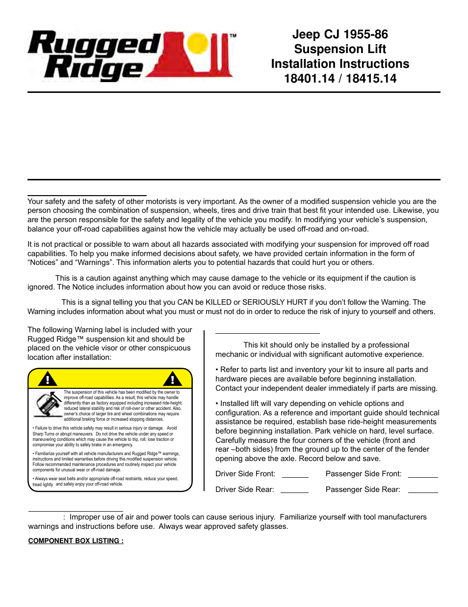 Rugged Ridge 4-Inch Lift Kit without Shocks, 55-75 Jeep CJ Models User Manual | 4 pages