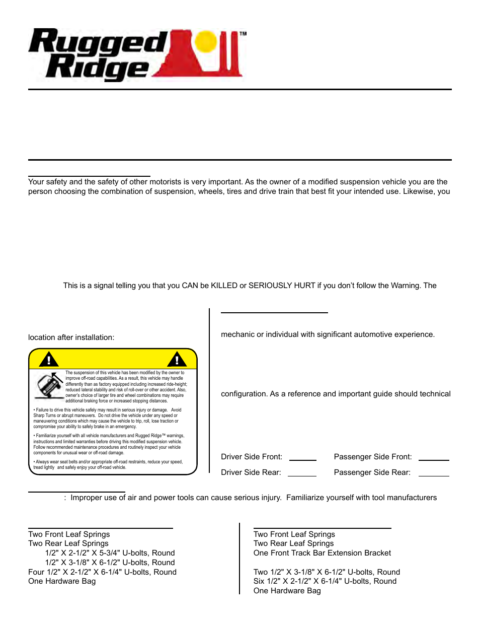 Rugged Ridge 4-Inch Lift Kit without Shocks, 87-95 Jeep Wrangler (YJ) User Manual | 4 pages