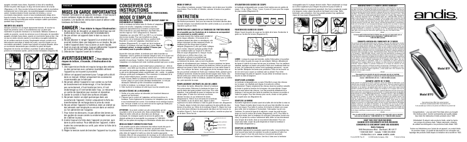 Andis Company BTF2 User Manual | 2 pages