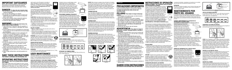 Instrucciones de operación, Important safeguards, Danger | Warning, Save these instructions, Operating instructions, User maintenance, Mantenimiento por parte del usuario, Precauciones importantes, Peligro | Andis Company BTF2 User Manual | Page 2 / 2