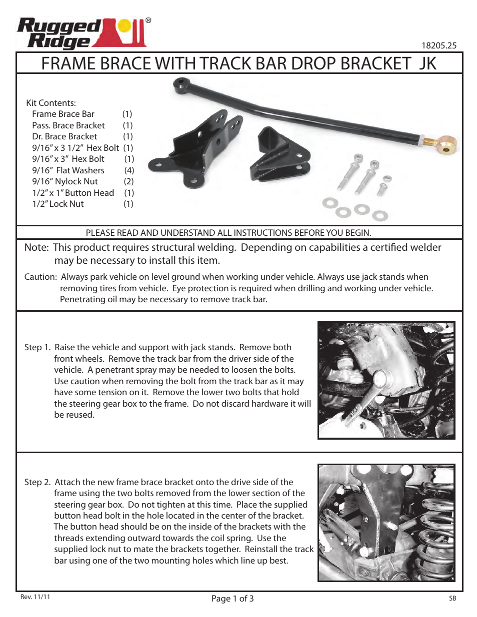 Rugged Ridge Frame Brace Kit, 07-14 Jeep Wrangler User Manual | 3 pages