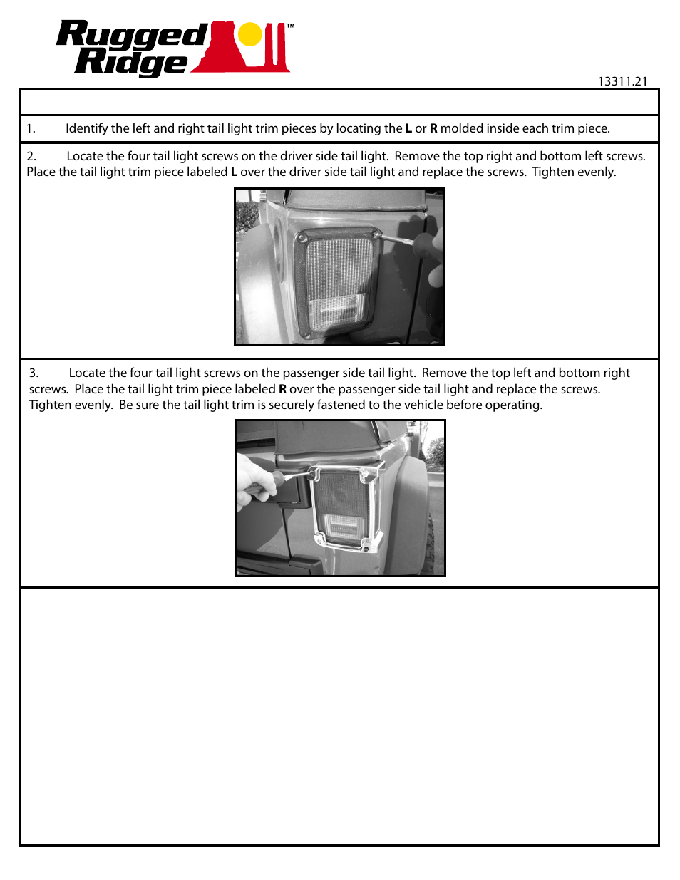 Rugged Ridge Tail Light Covers, Chrome, 07-14 Jeep Wrangler (JK) User Manual | 1 page