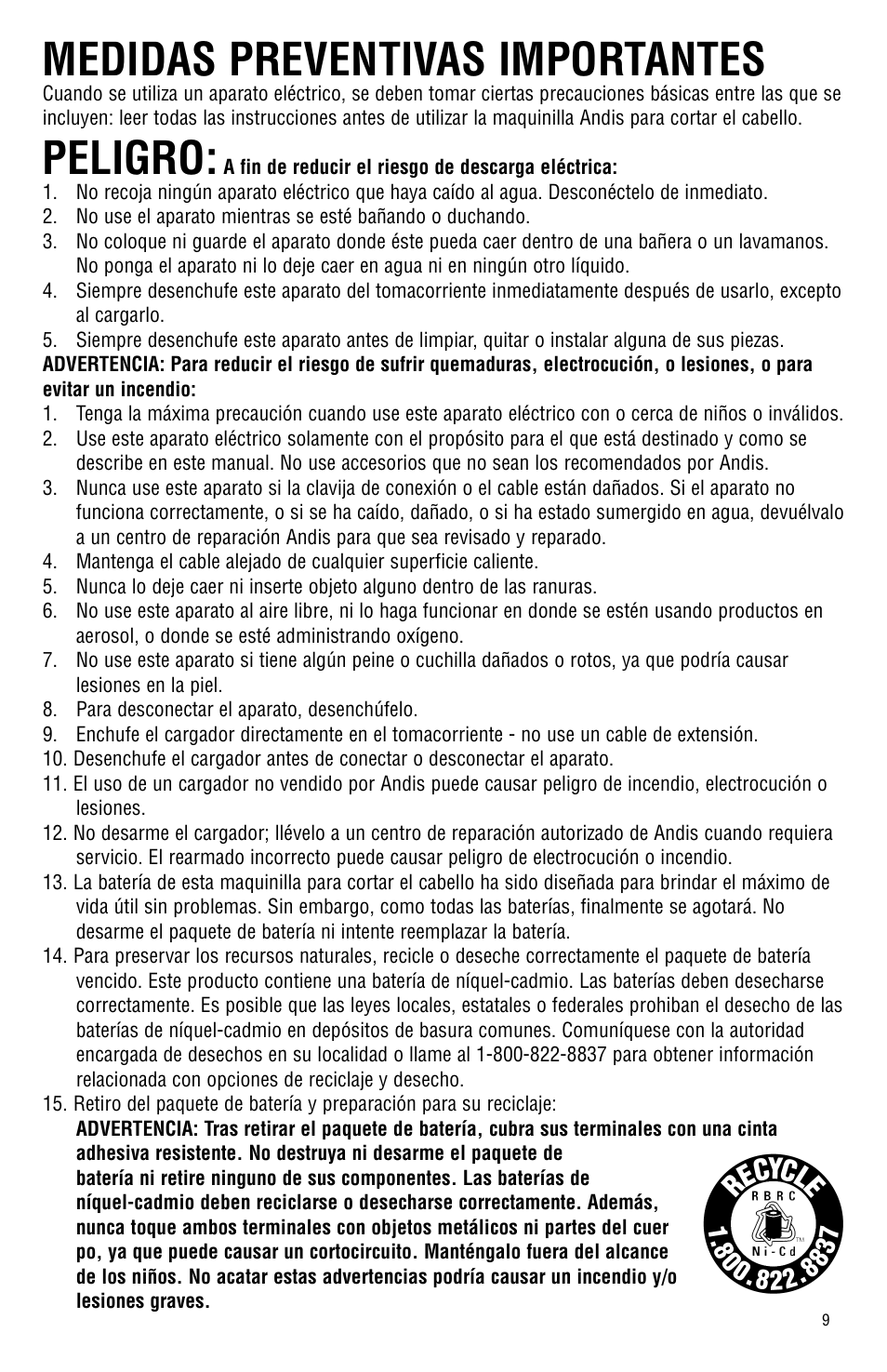 Medidas preventivas importantes, Peligro | Andis Company Model BGR BGRC User Manual | Page 10 / 26