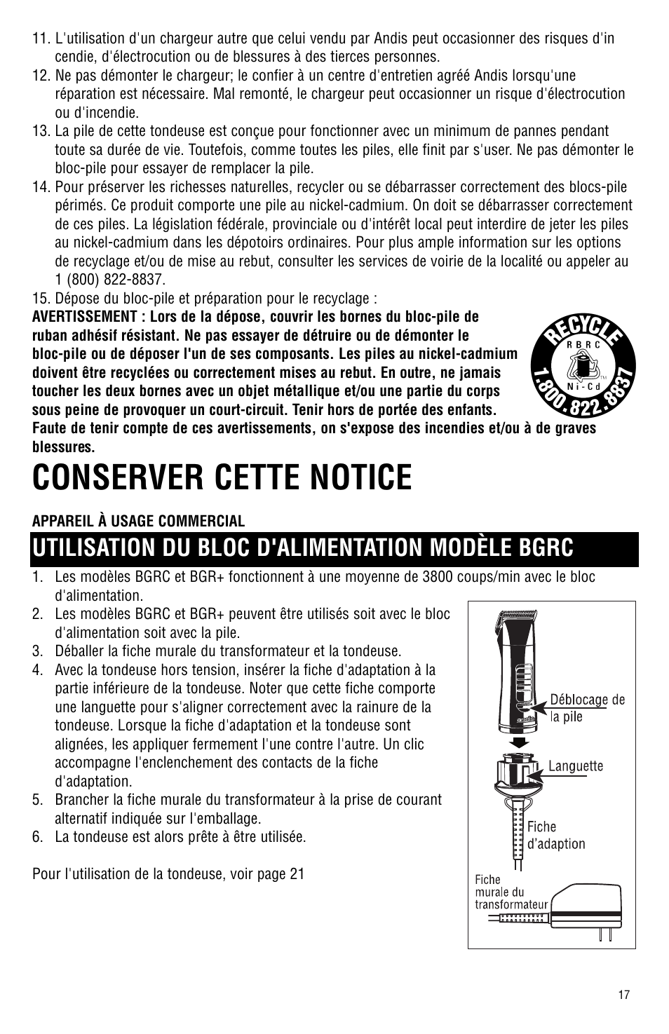 Conserver cette notice, Utilisation du bloc d'alimentation modèle bgrc | Andis Company Model BGR BGRC User Manual | Page 18 / 26