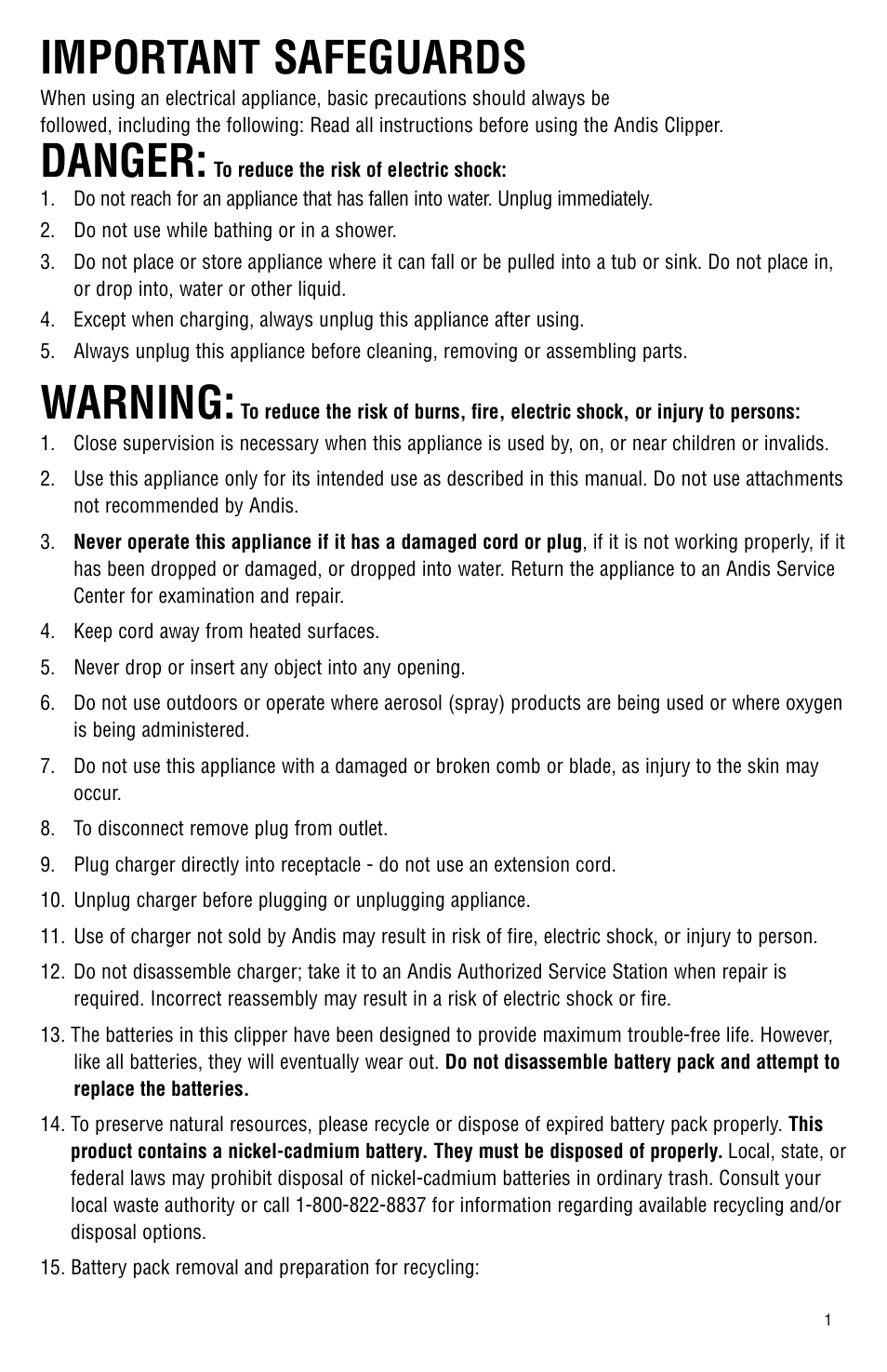 Important safeguards, Danger, Warning | Andis Company Model BGR BGRC User Manual | Page 2 / 26