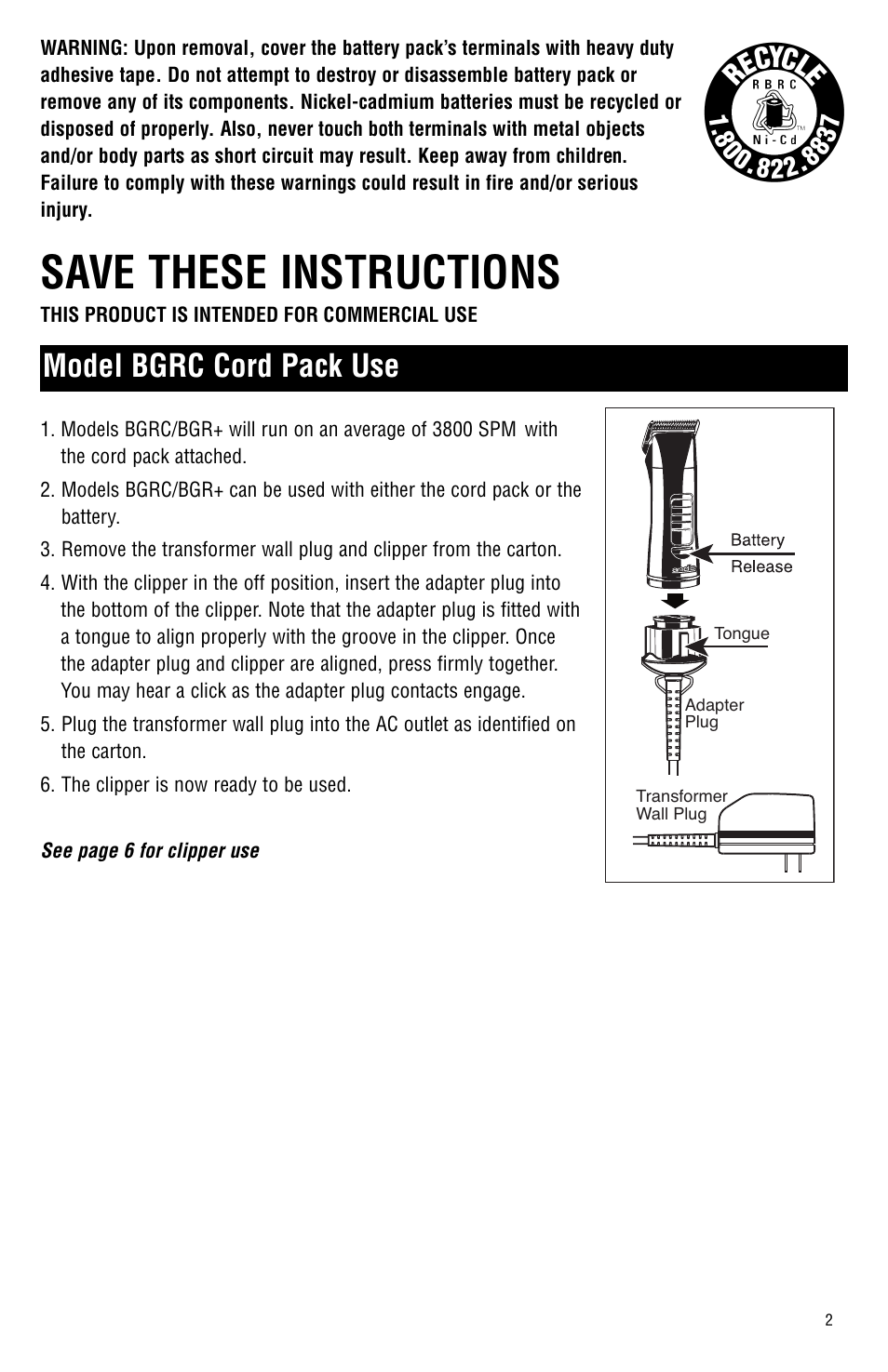 Save these instructions, Model bgrc cord pack use | Andis Company Model BGR BGRC User Manual | Page 3 / 26