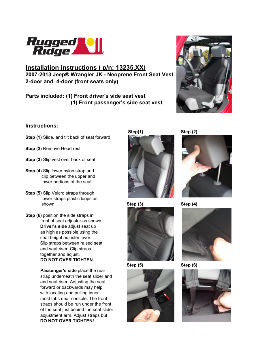 Rugged Ridge Neoprene Seat Vests, Black, 07-14 Jeep Wrangler (JK) User Manual | 2 pages