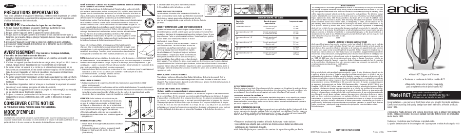 Andis Company RCT User Manual | 2 pages